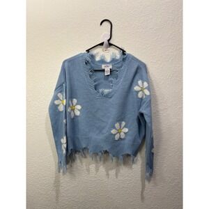Just Polly‎ New York Distressed Blue Daisy Knit Sweater Cropped XS Y2K Grunge